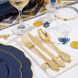 Set di 175 Pezzi per Feste: Piatti di Plastica Blu con Bordo Dorato, 75 Posate Dorate, 25 Bicchieri e 50 Articoli Usa e Getta Blu - Product Image 2