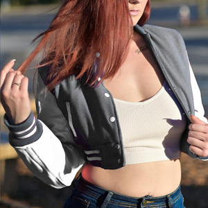 Womens Varsity Crop <b>Jacket</b> Grey <b>White</b> Letterman Style Bomber Coat Faux Leather Sleeves Casual Outerwear Ladies Fashion - Product Image 2