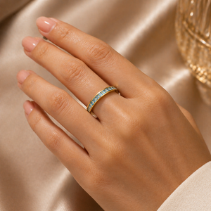 14K Yellow Gold 925 Sterling Silver Blue Topaz Princess Cut Channel <b>Set</b> Stackable Band <b>Ring</b> <b>Women</b> Fine Jewelry - Product Image 5