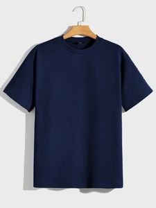 Camiseta de Algodón para Hombre, Color Azul Marino Sólido, Cuello Redondo, Manga Corta, Corte Regular, Estilo Casual, Tejido de Punto - Product Image 1
