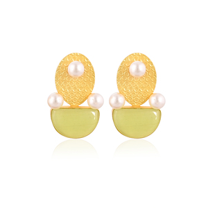 Elegantes Pendientes de Piedras Preciosas de Ojo de Gato y Perla con Baño de Oro, Joyería de Moda para Mujer - Product Image 1