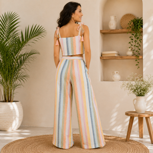 Ensemble deux pièces haut court sans manches à col halter et volants en coton uni de qualité supérieure pour femme, avec pantalon large à franges, style bohème printemps-été - Product Image 6