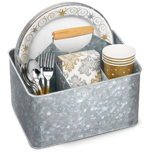 Organizador de utensilios de cocina rústico de metal galvanizado con asa de madera, 4 compartimentos, portátil, para mesa. - Product Image 1