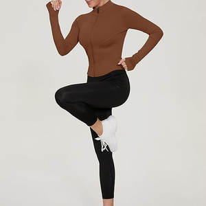 Women Full-Zip Long Sleeve Yoga Top Solid Colour Breathable Stretch Activewear Skinny Fit Gym Training Shirt - Product Image 5
