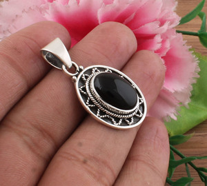 Natural Black Onyx Oval Charms <b>Necklace</b> 925 Sterling Silver Platinum Plated Vintage Jewelry Chain November Birthstone Gift - Product Image 2