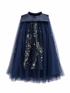 Robe de fête pour filles, bleu marine, avec paillettes, étoiles, tulle superposé, sans manches, avec cape |   Robe de princesse élégante bleu marine pour anniversaire - Product Image 2