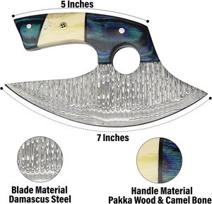 Forged Damascus Steel Alaskan Ulu Pizza Cutter <b>Knife</b> <b>Bone</b> and Wood <b>Handle</b> Leather Sheath Handmade OEM Professional Ambidextrous - Product Image 3