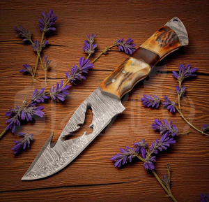 Couteau de chasse OEM Wirecut en acier Damas, couteau à dépecer, manche en bois de cerf, lame fixe, couteau de camping et d'extérieur EDC avec étui en cuir - Product Image 2