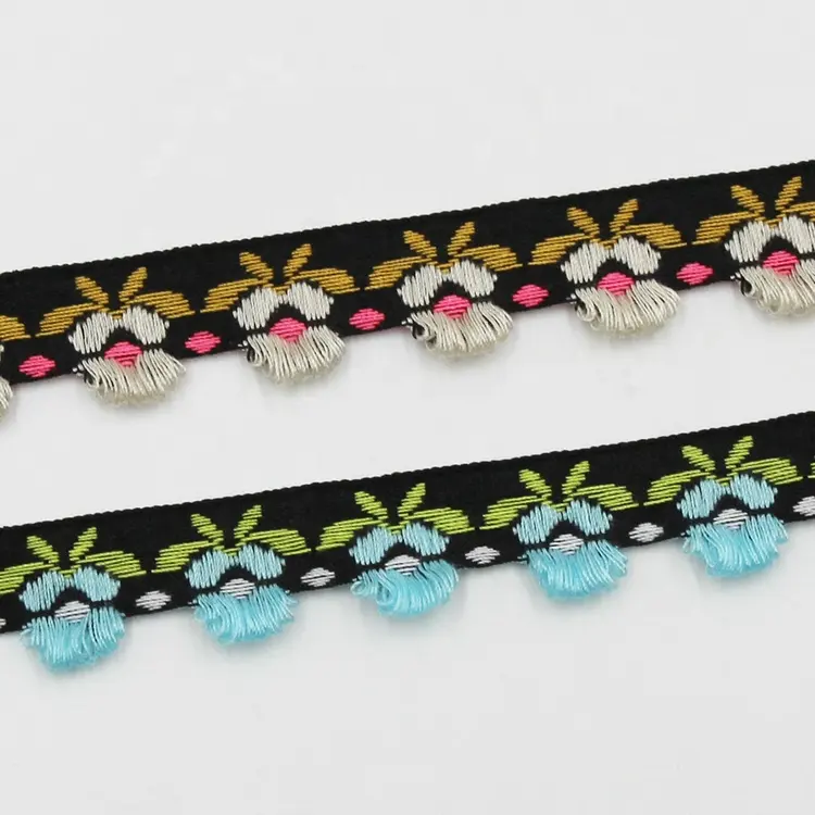 Roupas étnicas estreitas de 15 mm com acabamentos jacquard decorativos e borlas de mini laço