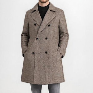 <b>Men</b> Herringbone Twill Wool <b>Double</b> <b>Breasted</b> Long Coat Notch Lapel Slim Fit Belted Winter <b>Overcoat</b> - Product Image 6