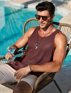 Men's <b>Maroon</b> Knitted Sleeveless Tank <b>Top</b> O-Neck Hollow Out Breathable Casual Vest 100% Polyester - Product Image 3