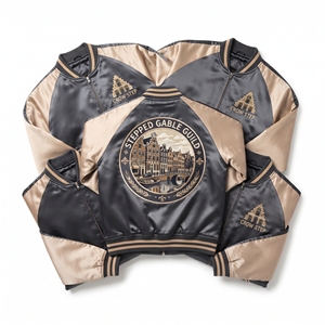 Blouson universitaire en satin marron personnalisé en gros avec manches crème, fermeture éclair et écusson brodé calligraphié – Manteau de baseball - Product Image 5