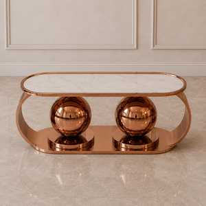 Rose Gold Double Ball Living Room Center <b>Table</b> White Marble Top <b>Mirrored</b> Lower Shelf Modern Oval Coffee <b>Table</b> Steel Frame - Product Image 2