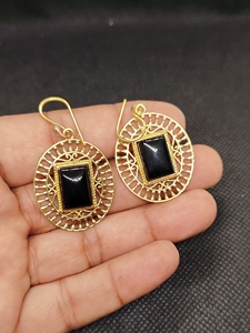 Handcrafted Gold Plated Brass Black Onyx Peacock Drop Earrings | Trendy Women's Wedding - Product Image 2