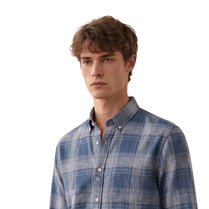 Chemise en flanelle à carreaux bleu denim pour homme, manches longues, boutonnée, chemise décontractée à carreaux, tissu brossé doux, streetwear quotidien - Product Image 3
