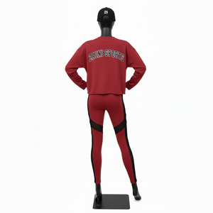 Conjunto de camiseta y leggings de algodón y poliéster premium para mujer, 280 GSM, rojo, negro, con panel de malla y logotipo personalizado. - Product Image 2