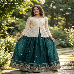 Best Quality Fancy <b>Silk</b> with Pipe-Zari Embroidered Butti & Border work Lehenga & White Front-Slit Short <b>Kurta</b> Set Woman Fashion - Product Image 1