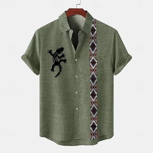 Men Casual Short Sleeve <b>Geometric</b> Print <b>Shirt</b> Button Pocket Design Light Polyester Plus Size Anti-Wrinkle for Beach Summer - Product Image 5