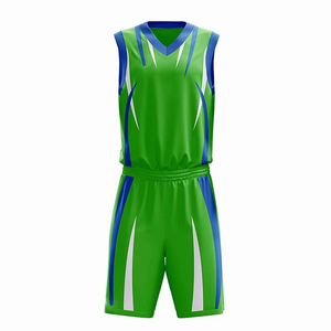 Ensemble de maillot de basket sans manches vert avec bordure bleue et blanche, uniforme respirant en polyester pour adultes, tenue d'équipe unisexe - Product Image 1
