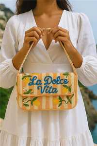 Bolso Rectangular Bordado a Mano con Diseño de Limones y Texto La Dolce Vita, Bolso de Algodón Artesanal, Regalos y Artesanías>Artesanías - Product Image 2