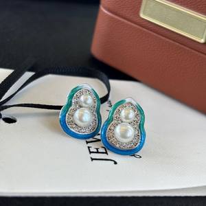 Boucles d'oreilles en argent pur avec perles d'eau douce micro-incrustées, style rétro, gourde bleue glacier Fu Lu Shuangquan - Product Image 1