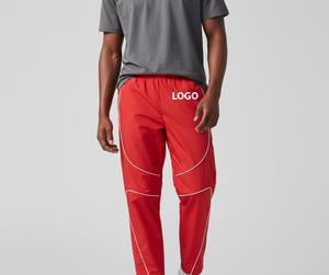 Pantalon décontracté pour homme, rouge, vintage, taille élastique, avec bande latérale, respirant, léger, en lin/coton, pour l'automne - Product Image 1