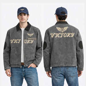 Chaqueta Vintage Lavada Marrón para Hombre, Estilo Casual Urbano, Abrigo de Lona de Algodón, Chaqueta de Trabajo Retro con Gráficos Bordados, Logotipo Personalizado OEM - Product Image 2