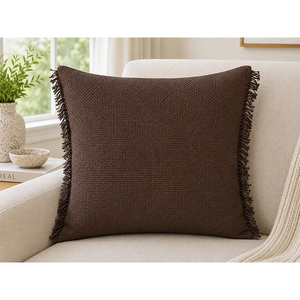 Housse de coussin en lin de qualité supérieure avec bordure à franges |   Coussin carré tissé texturé beige naturel pour canapé et décoration intérieure - Product Image 3