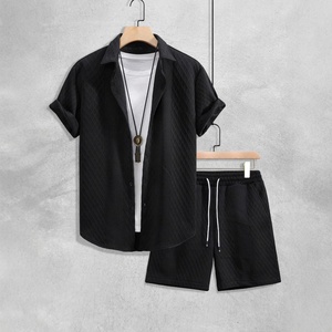 Men's 100% Cotton Fleece Breathable Eco-Friendly Anti-Wrinkle <b>Waffle</b> Knit Button <b>Shirt</b> Shorts Set 2-Piece Street Style Winter - Product Image 5