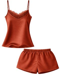 Conjunto de Camiseta y Pantalones Cortos de Encaje Satinado Color Naranja Óxido, Conjunto de Pijama para Mujer, Ropa de Dormir Sexy, Ropa de Dormir de Seda Suave, Conjunto de Dos Piezas para Verano - Product Image 1