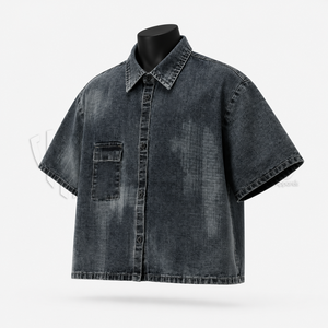 Camisa de mezclilla negra vintage para hombre, de manga corta, con botones, fabricante de ropa de marca privada OEM ODM - Product Image 3