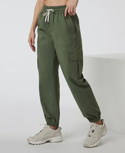 Pantalon cargo décontracté pour femme, taille haute, éco-responsable, respirant, coupe skinny élastique, avec cordon de serrage, poches cargo, devant plat, couleur unie, printemps - Product Image 1
