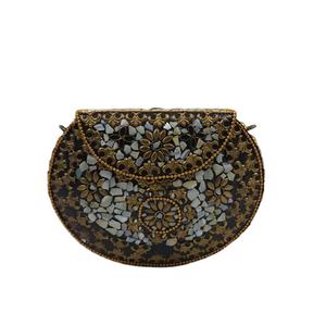 Sac à main de soirée semi-circulaire en mosaïque fait main de luxe avec motif floral, incrustation de pierres, travail de broderie, sac à main pour femmes pour les fêtes et les mariages - Product Image 1