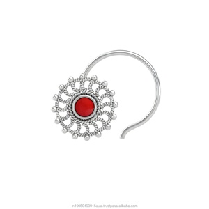 Piercing de Nariz con Forma de Flor de Plata de Ley 925, Estilo Étnico Indio, con Coral y Engaste de Bisel, 8mm, para Mujeres y Niñas, Ideal para Bodas - Product Image 1