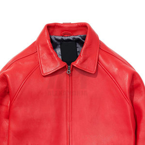 Red PU Leather Bomber <b>Jacket</b> <b>Men</b> Casual Zipper Closure O-Neck Collar Solid Color Winter Fleece Lining Windproof - Product Image 1
