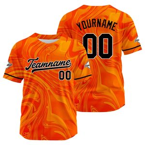 Maillot de baseball personnalisé à motif tourbillon orange, impression sublimée, unisexe, manches courtes, boutons sur le devant, séchage rapide, vêtements d'équipe pour adultes - Product Image 1