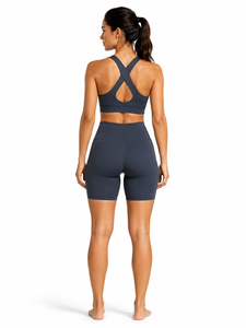 Dark Gray 2 Piece Yoga Set Scoop Neck Racerback <b>Crop</b> <b>Top</b> High Waist Biker <b>Shorts</b> Seamless Activewear for Women - Product Image 3