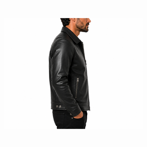 Veste moto en cuir véritable noir pour homme, col rabattu, fermeture éclair, coupe classique, pour l'automne - Product Image 3