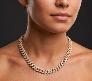 Collier chaîne cubaine haut de gamme en or 14 carats bicolore avec sertissage pavé de diamants, style moderne et luxueux - Product Image 6