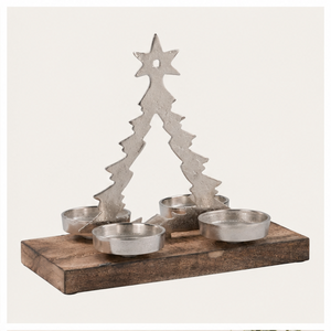 Eco-friendly Aluminium Christmas <b>Tree</b> Candle Holder With Rustic Wooden Base 4-Cup Silver Metal Tea <b>Light</b> Stand For Festive Table - Product Image 6