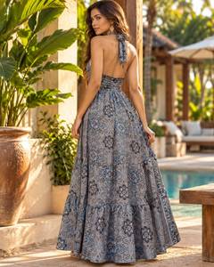 Blue Paisley Print Woven Halter Maxi Dress Women Chiffon Tiered Skirt <b>Swimdress</b> Poolside Beach Wear 1 Piece - Product Image 2