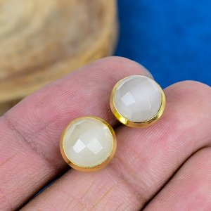 Natural White Monalisa Quartz Round Shape Gemstone <b>Stud</b> Earring 18k Gold Micron Over 925 Sterling <b>Silver</b> - Product Image 1