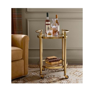2 Tier Round Gold Bar Cart with Glass <b>Shelves</b> <b>Circular</b> Rolling Drink Trolley with Wood Accented Handles And Wheels - Product Image 3