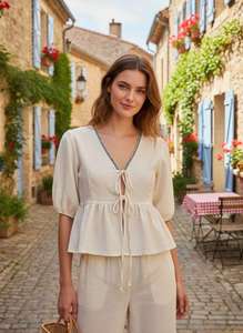 Conjunto de Verano Elegante para Mujer, Top Peplum de Lino Blanco Premium con Detalle de Lazo al Frente Estilo Boho y Mangas Abullonadas, Tela Transpirable - Product Image 2