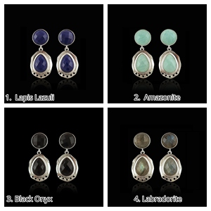 Boucles d'oreilles pendantes en pierres naturelles (labradorite, lapis-lazuli, amazonite, onyx noir) plaquées argent, modèle tendance, bijoux de mode pour femmes - Product Image 1