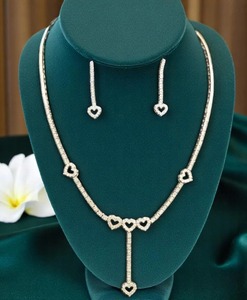 14K White Gold Heart Lariat <b>Necklace</b> Set | Luxury Double Row <b>Y</b>-<b>Necklace</b> with Dangling Heart Pendant Diamond Gift Strand Chain - Product Image 2
