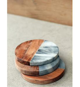 Marble Acacia Wood Coaster Mats Pads <b>Grey</b> Stone With Wood Design Custom Logo Wood Coaster Top Price - Product Image 1