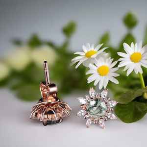 Boucles d'oreilles en agate verte véritable, vintage, rondes, en agate verte, or rose, avec moissanite, pour mariée - Product Image 2