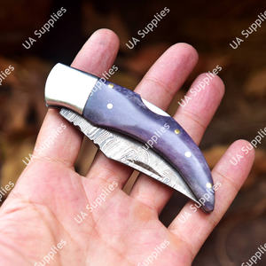 Cuchillo Plegable de Acero de Damasco Hecho a Mano con Mango de Madera Pakka, Borde Biselado, Funda de Cuero, OBM, para Caza y Uso Multifuncional - Product Image 2