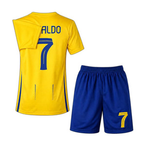 Yellow Soccer Jersey Set #7 with Blue <b>Shorts</b> Crew Neck <b>Short</b> Sleeve Moisture Wicking <b>Polyester</b> Men's Adult & kids Uniform - Product Image 1